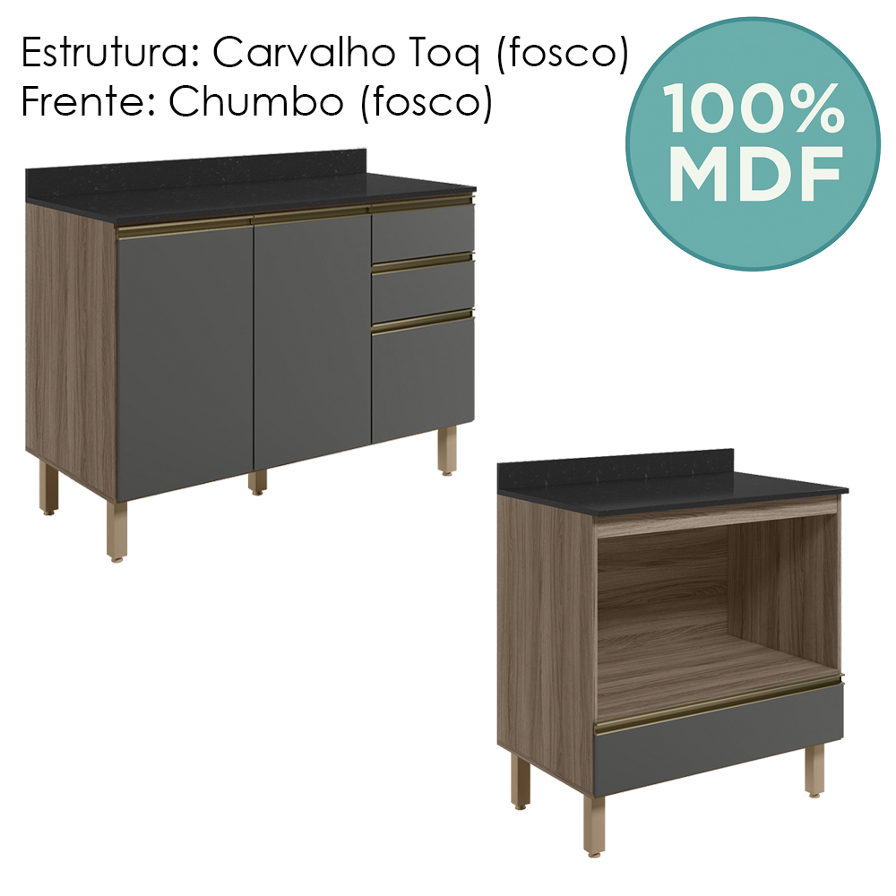 Balcao com Tampo e Balcao Forno MDF Kali Carvalho Toq Chumbo Nicioli