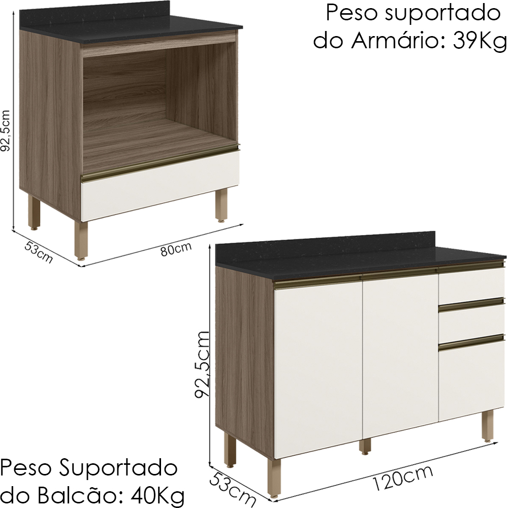 Balcao com Tampo e Balcao Forno MDF Kali Carvalho Toq Off White Cetim Nicioli