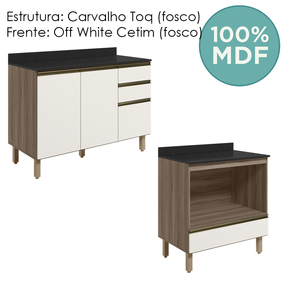 Balcao com Tampo e Balcao Forno MDF Kali Carvalho Toq Off White Cetim Nicioli