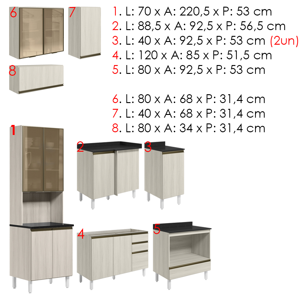 Cozinha Modulada 9 Peças MDF Kali Bianco Toq Bianco Toq Nicioli