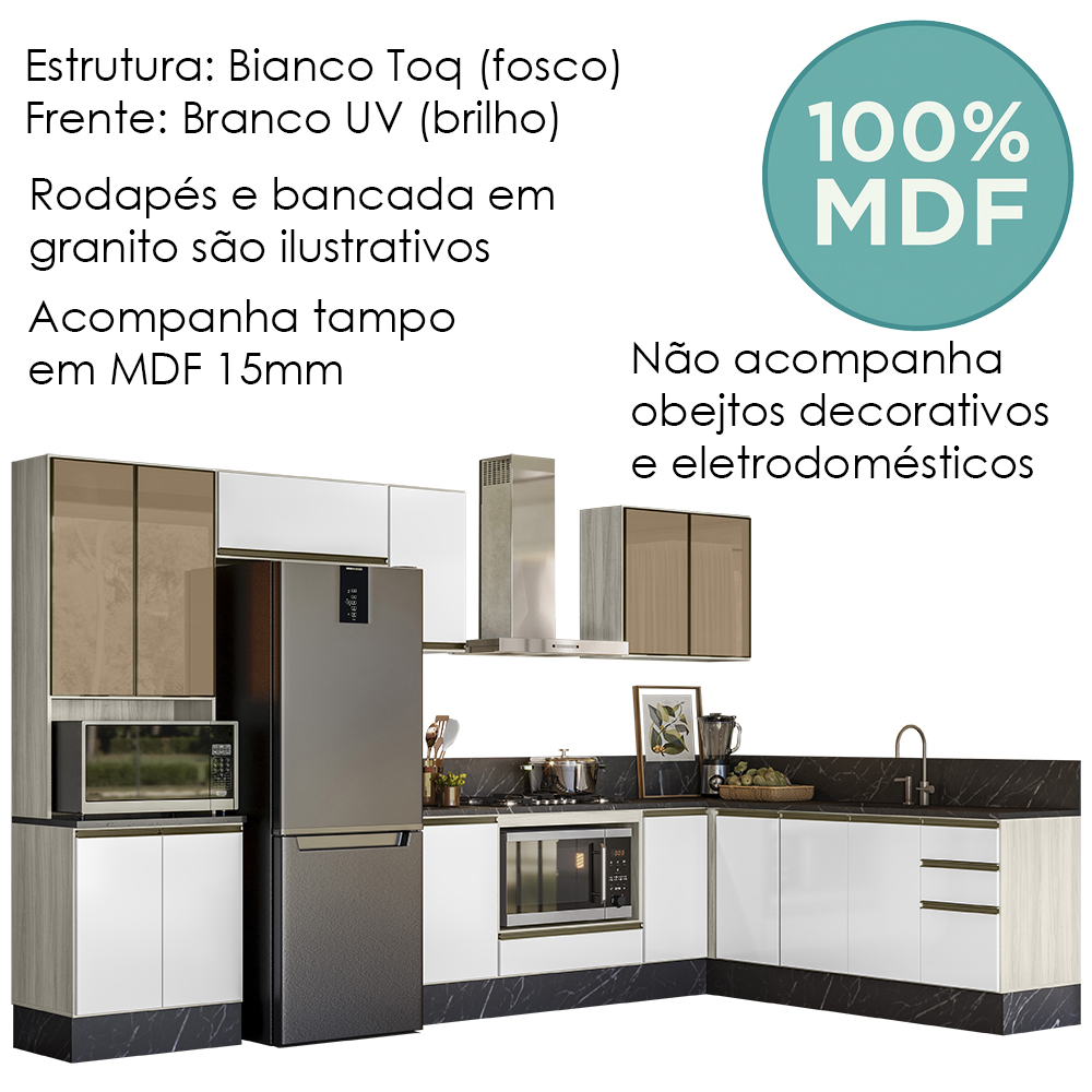 Cozinha Modulada 9 Peças MDF Kali Bianco Toq Branco Uv Nicioli