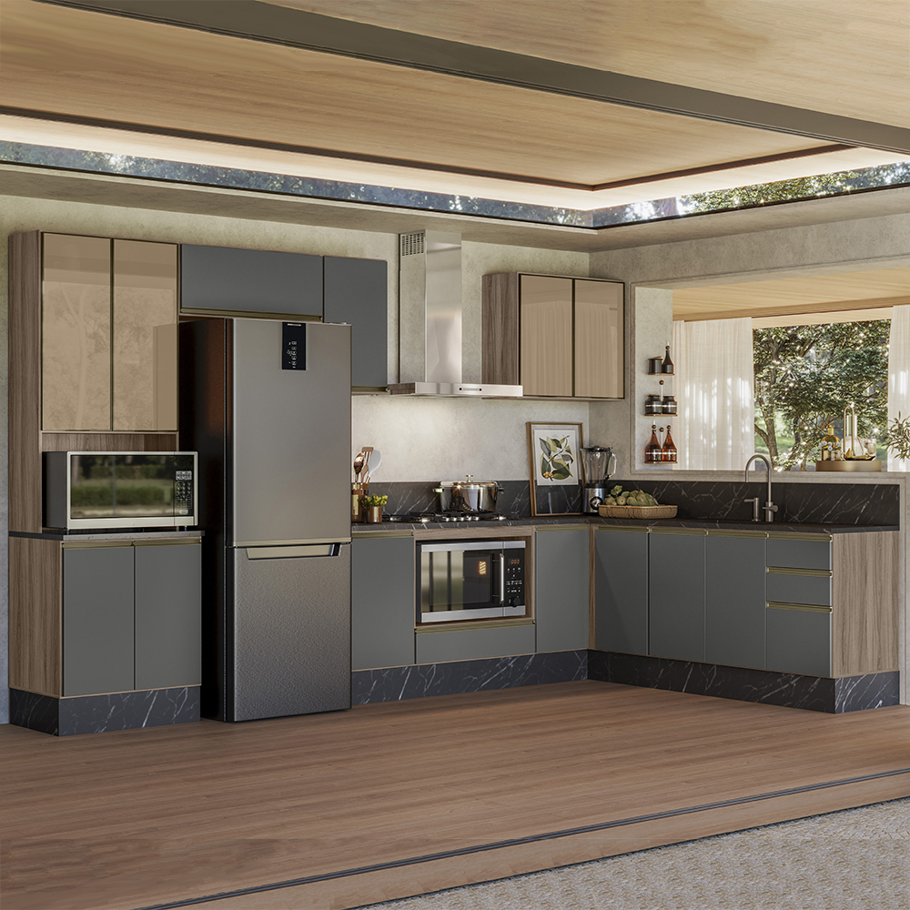 Cozinha Modulada 9 Peças MDF Kali Carvalho Toq Chumbo Nicioli