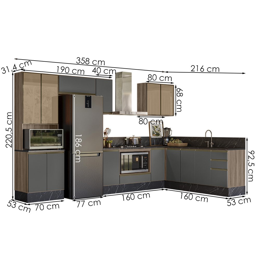 Cozinha Modulada 9 Peças MDF Kali Carvalho Toq Chumbo Nicioli