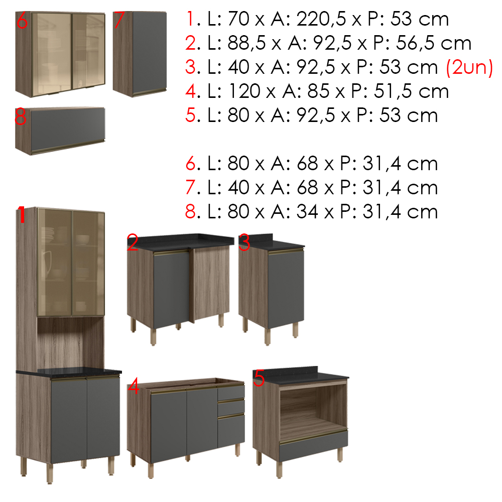 Cozinha Modulada 9 Peças MDF Kali Carvalho Toq Chumbo Nicioli