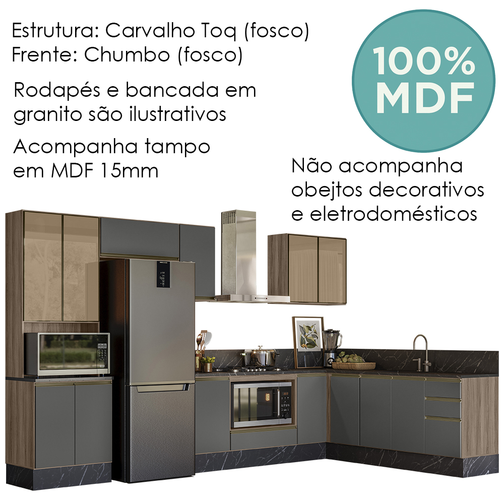 Cozinha Modulada 9 Peças MDF Kali Carvalho Toq Chumbo Nicioli