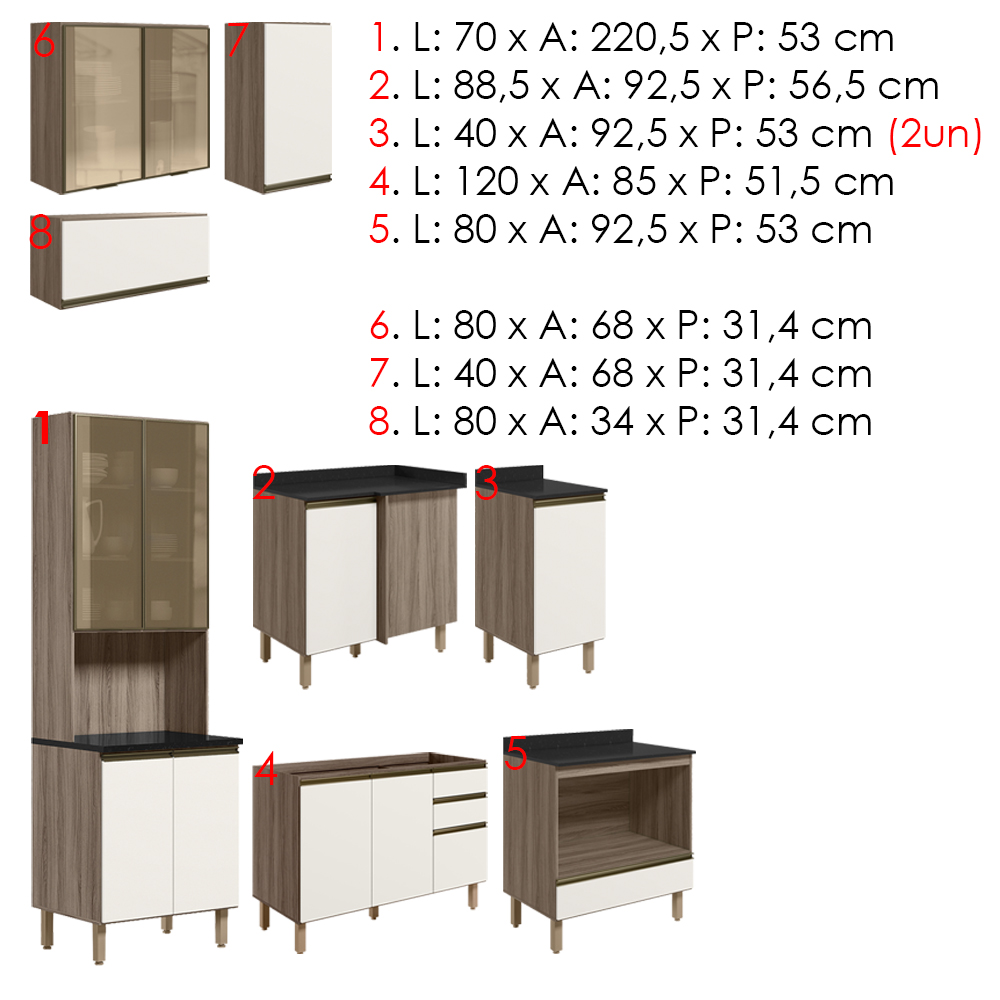 Cozinha Modulada 9 Peças MDF Kali Carvalho Toq Off White Cetim Nicioli