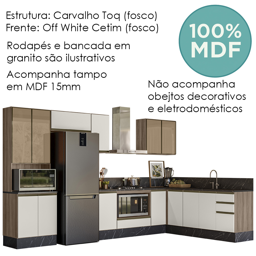 Cozinha Modulada 9 Peças MDF Kali Carvalho Toq Off White Cetim Nicioli