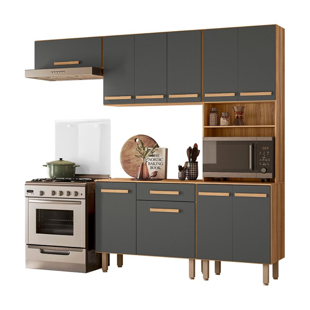 Cozinha com Balcão Lemon com 10 Portas e 1 Gaveta 222 cm Freijo/Chumbo