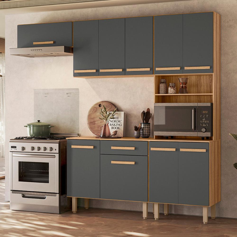 Cozinha com Balcão Lemon com 10 Portas e 1 Gaveta 222 cm Freijo/Chumbo