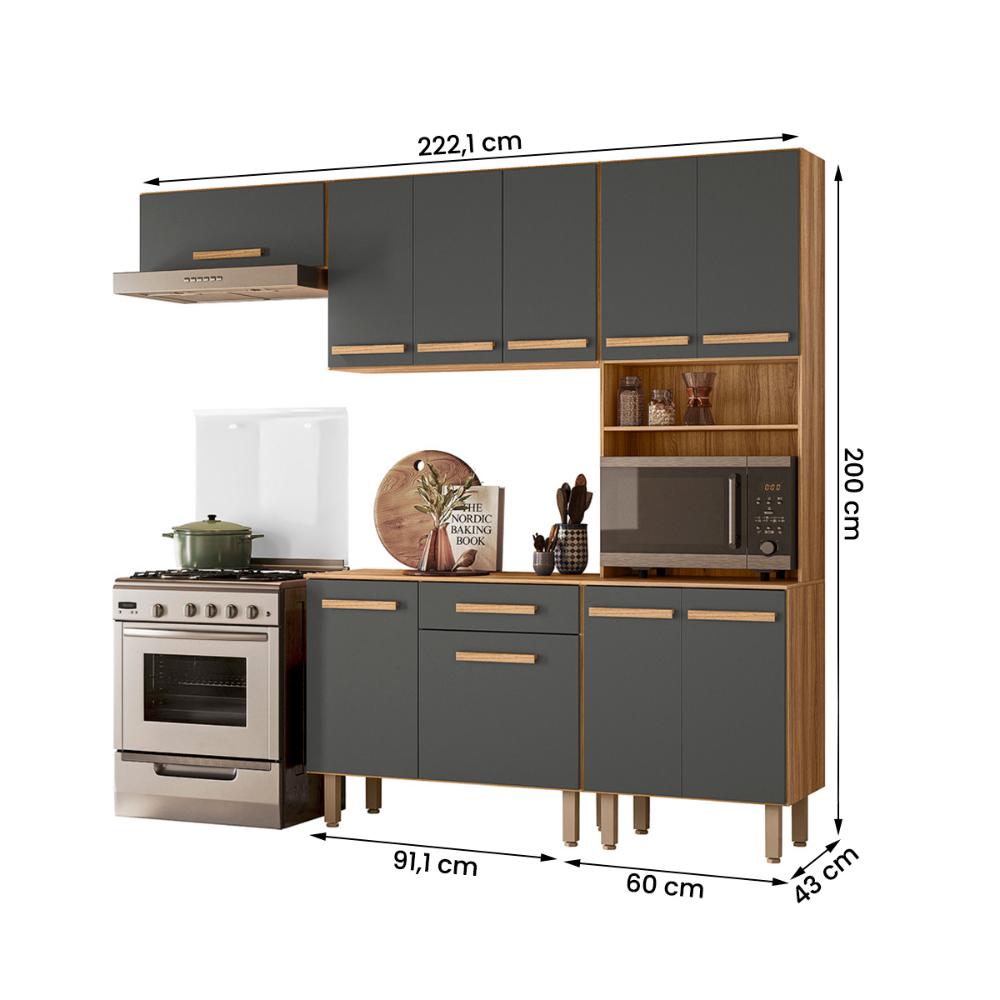 Cozinha com Balcão Lemon com 10 Portas e 1 Gaveta 222 cm Freijo/Chumbo
