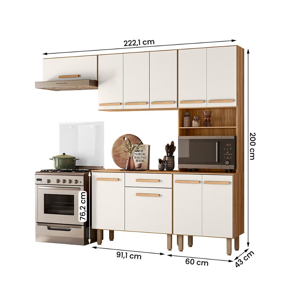 Cozinha com Balcão Lemon com 10 Portas e 1 Gaveta 222 cm Freijo/Off White
