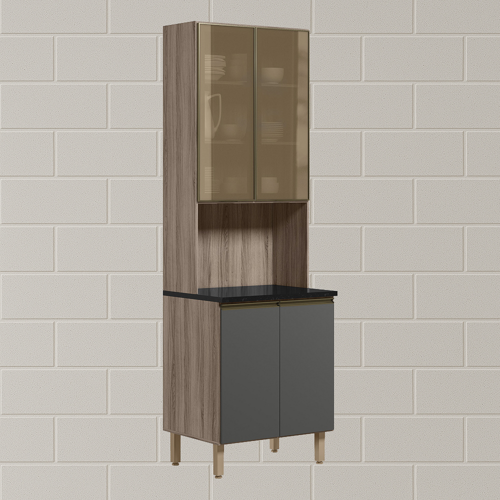 Paneleiro Duplo 4P Vidro 70cm MDF Kali 18340 Carvalho Toq Chumbo Nicioli