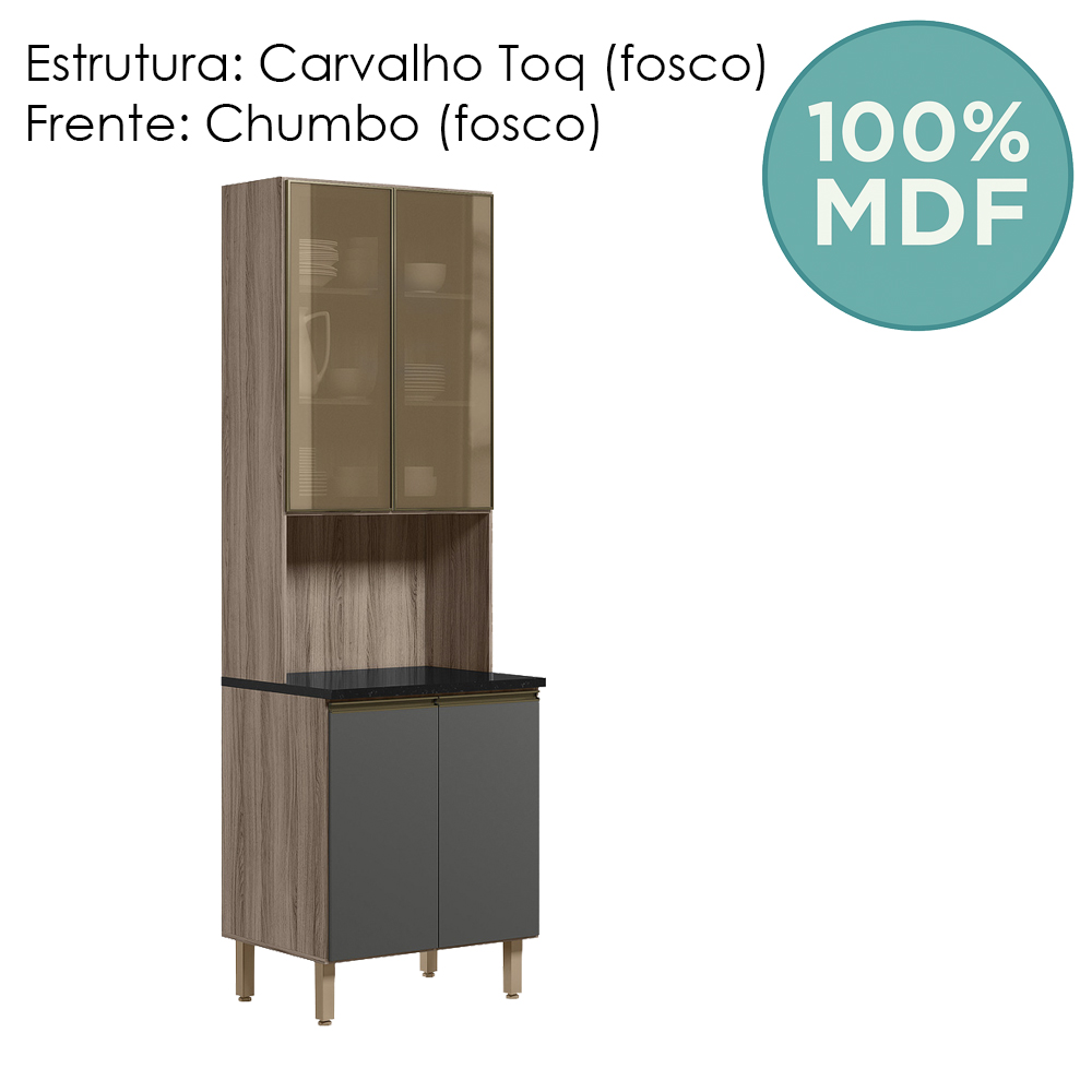 Paneleiro Duplo 4P Vidro 70cm MDF Kali 18340 Carvalho Toq Chumbo Nicioli