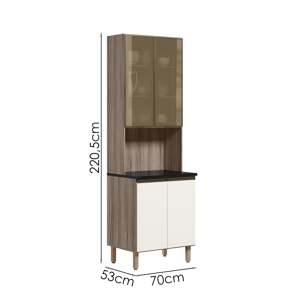 Paneleiro Duplo 4P Vidro 70cm MDF Kali 18340 Carvalho Toq Off White Cetim Nicioli