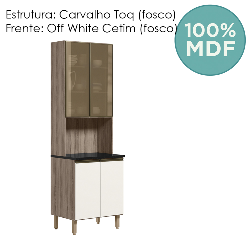 Paneleiro Duplo 4P Vidro 70cm MDF Kali 18340 Carvalho Toq Off White Cetim Nicioli