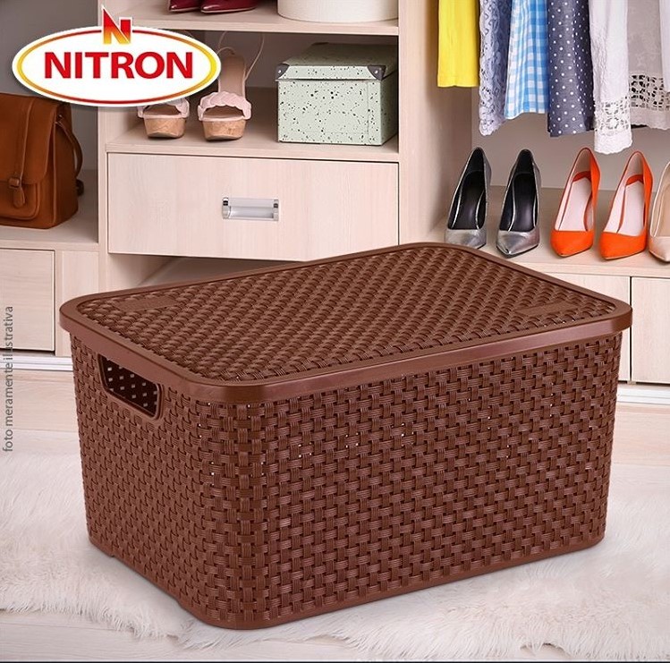 Caixa Organizadora de Plástico Rattan Pequeno com Tampa Creme