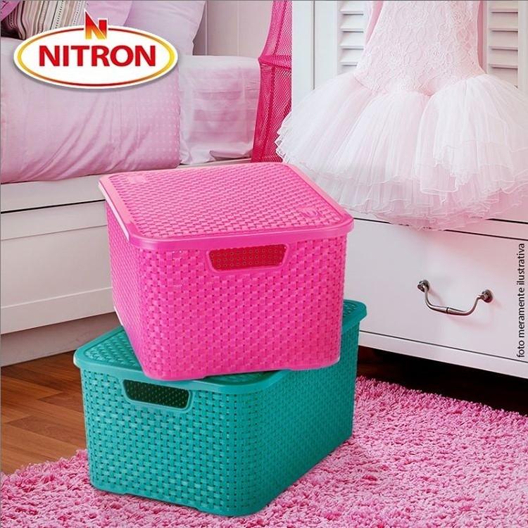 Caixa Organizadora de Plástico Rattan Pequeno com Tampa Creme