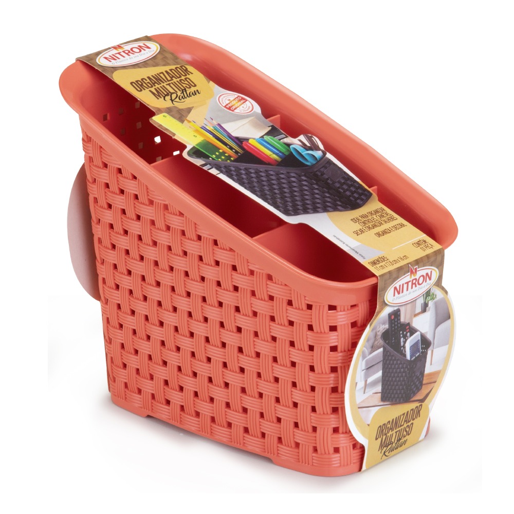 Organizador Multiuso de Plástico Rattan 3 Divisórias Coral