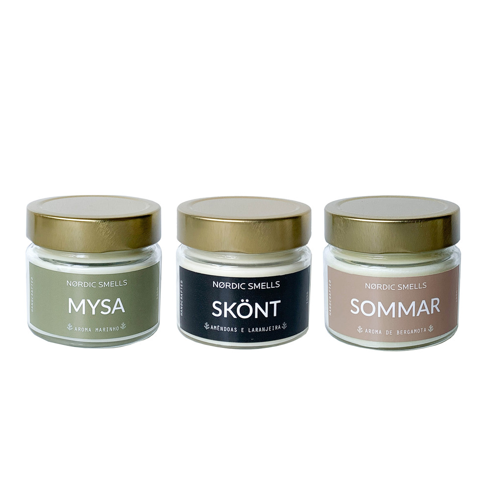 Kit Combo 3 Velas Aromáticas de Aroma Marinho, Amêndoas com Flor de Laranjeira e Bergamota