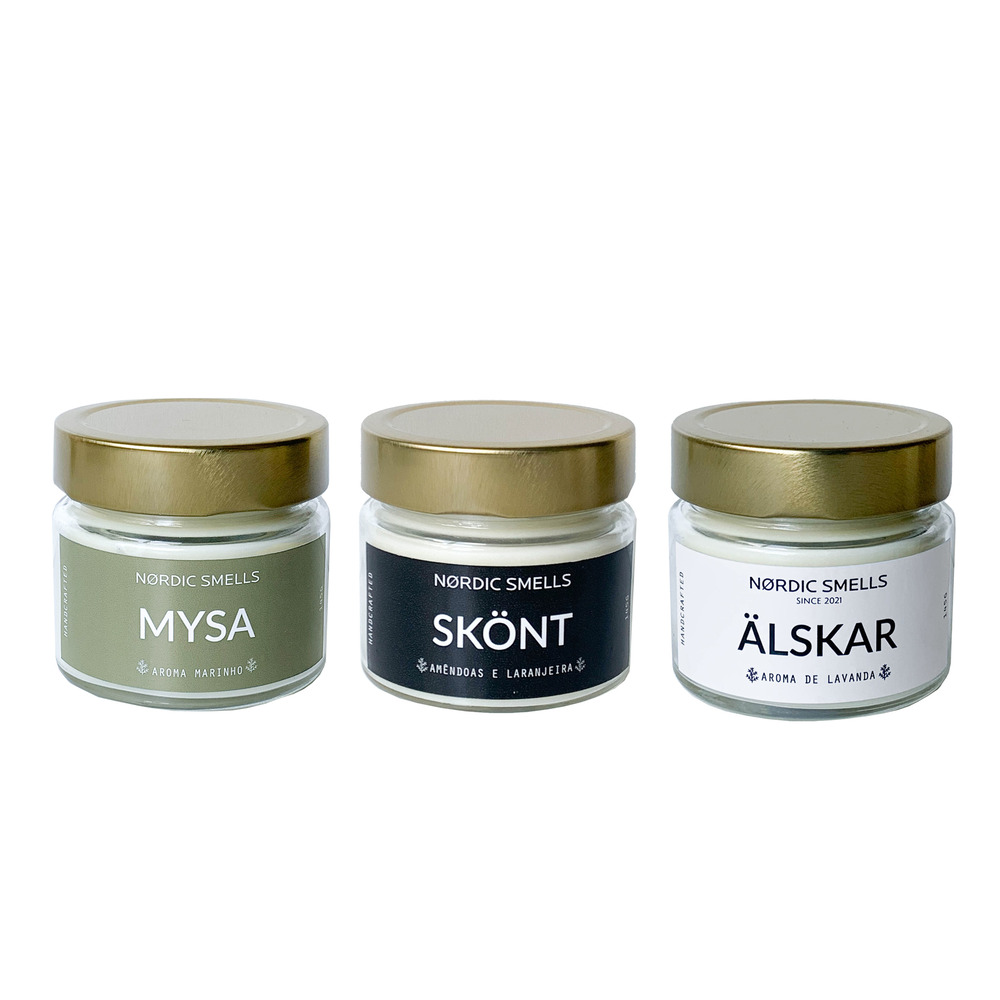 Kit Combo 3 Velas Aromáticas de Aroma Marinho, Amêndoas com Flor de Laranjeira e Lavanda