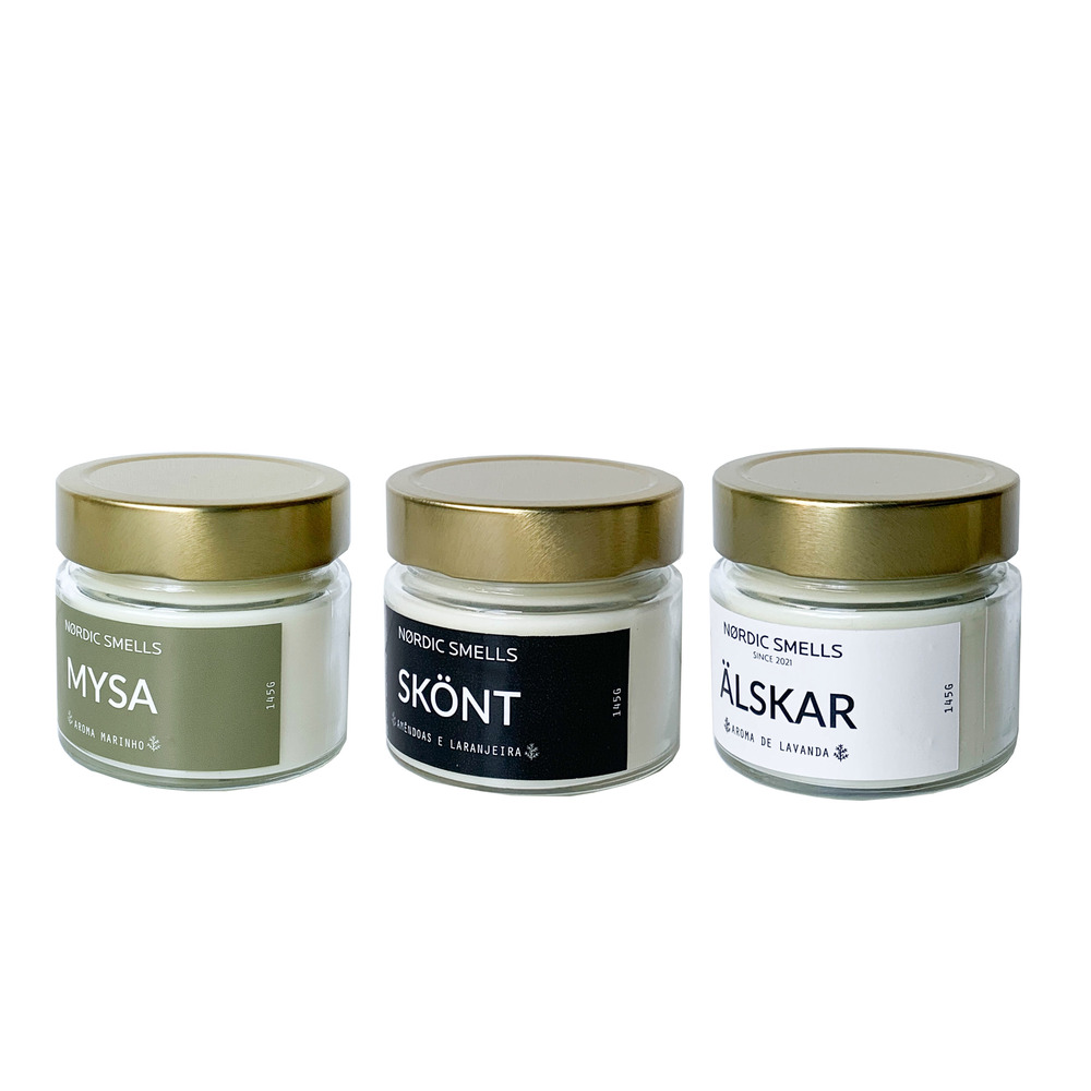 Kit Combo 3 Velas Aromáticas de Aroma Marinho, Amêndoas com Flor de Laranjeira e Lavanda