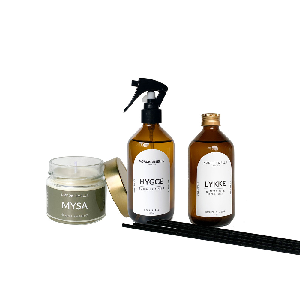 Kit Combo Aromatizador, Vela Aromática e Difusor de Ambiente Aromas de Bambu, Aroma Marinho e Capim-limão