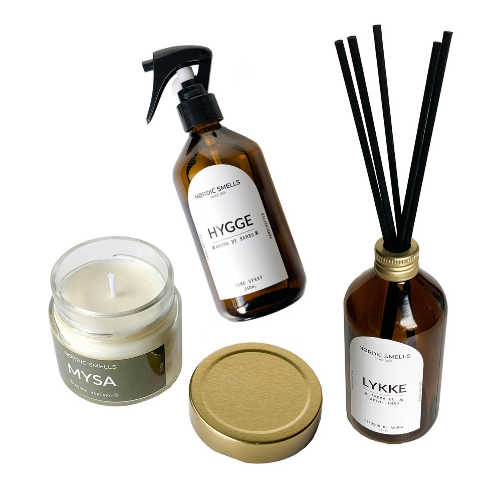 Kit Combo Aromatizador, Vela Aromática e Difusor de Ambiente Aromas de Bambu, Aroma Marinho e Capim-limão