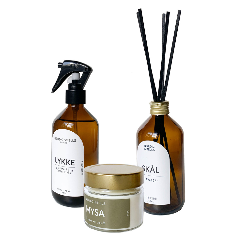 Kit Combo Aromatizador, Vela Aromática e Difusor de Ambiente Aromas de Capim-limão, Aroma Marinho e Lavanda