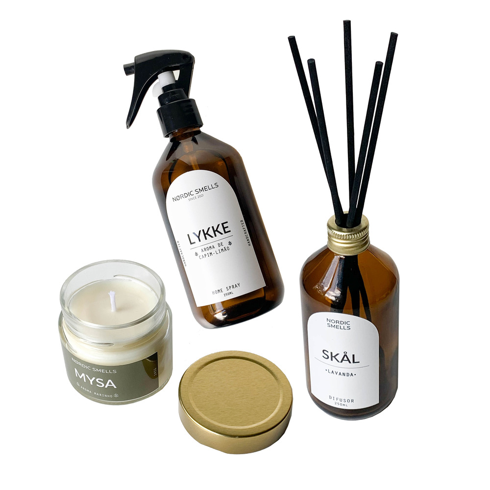 Kit Combo Aromatizador, Vela Aromática e Difusor de Ambiente Aromas de Capim-limão, Aroma Marinho e Lavanda