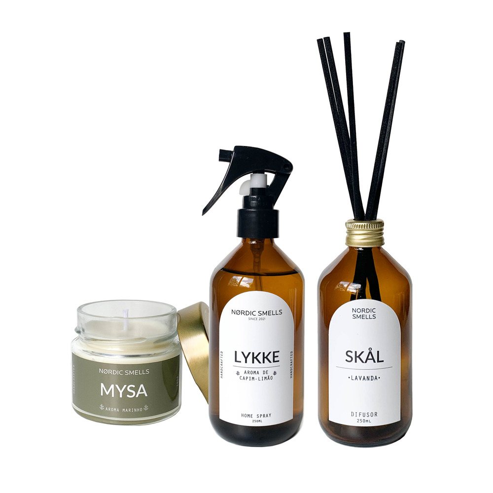 Kit Combo Aromatizador, Vela Aromática e Difusor de Ambiente Aromas de Capim-limão, Aroma Marinho e Lavanda
