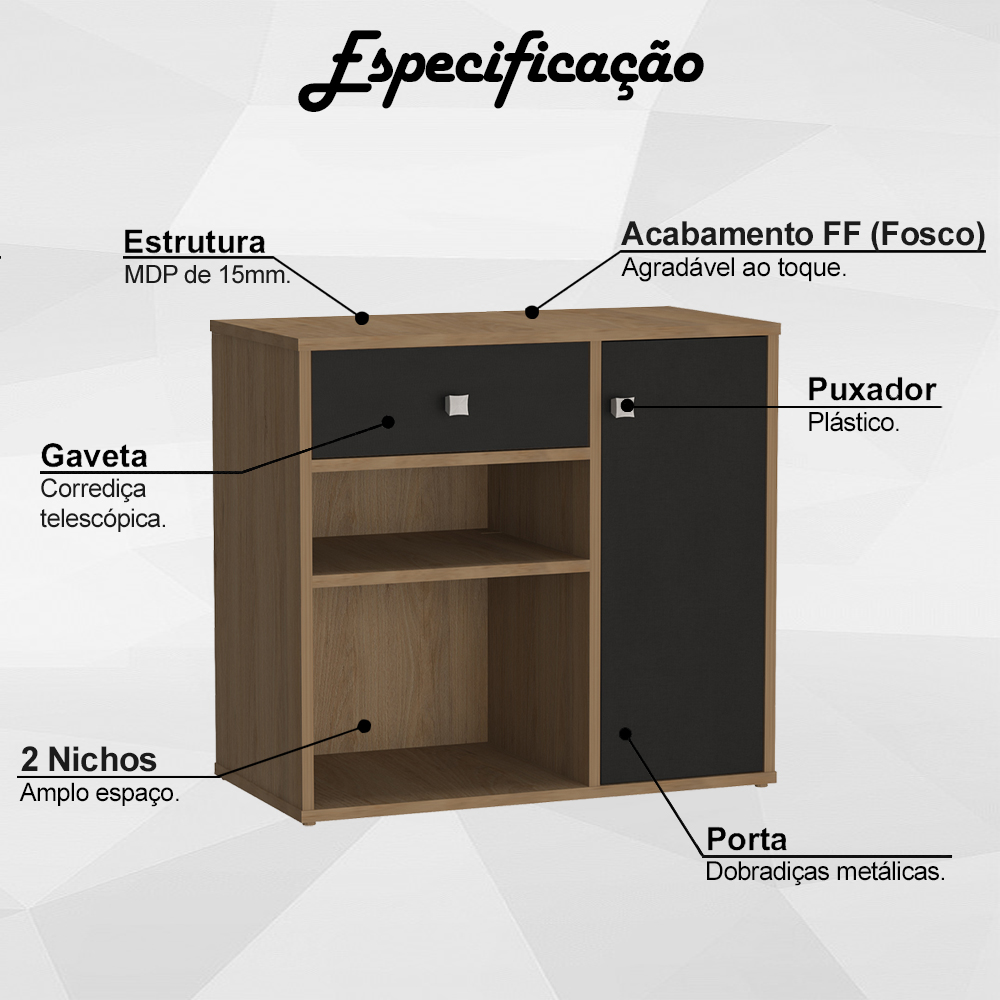 Armario Multiuso 1 Porta e 1 Gaveta B39 Mell Preto NOVAM
