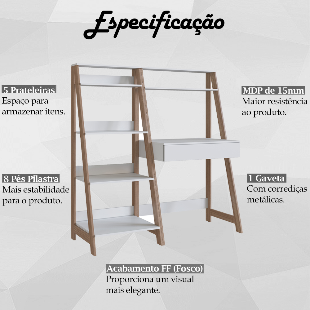 Conjunto Escrivaninha e Estante Para Escritório B94 Branco Montana NOVAM