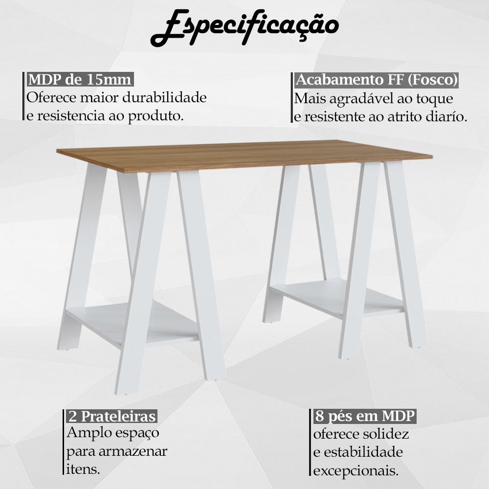 Escrivaninha Mesa Escritorio Cavalete 2 Prateleiras Mell Branco B61 NOVAM
