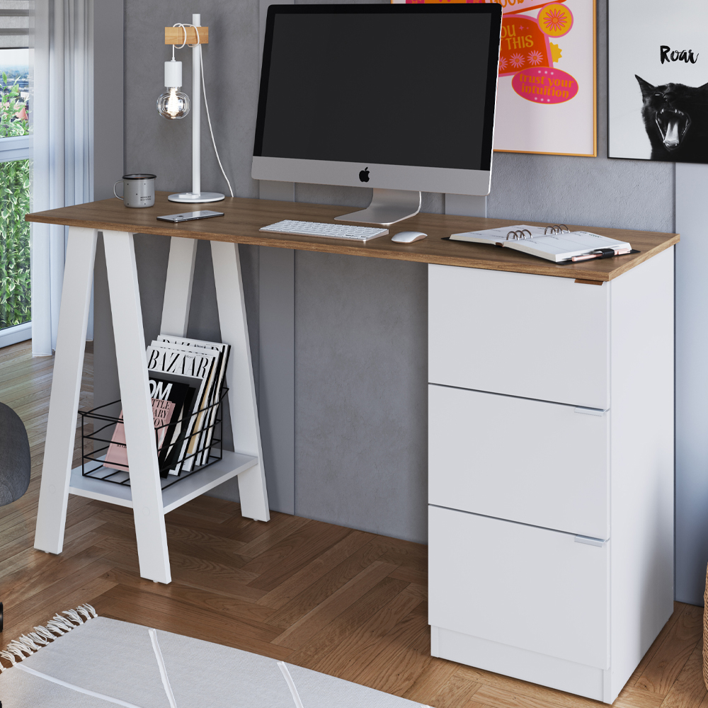 Escrivaninha Mesa Escritorio Cavalete 3 Gavetas B62 Mell Branco NOVAM