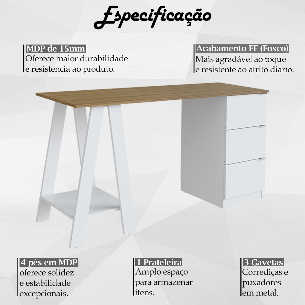 Escrivaninha Mesa Escritorio Cavalete 3 Gavetas B62 Mell Branco NOVAM