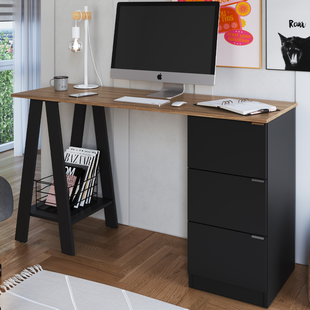 Escrivaninha Mesa Escritorio Cavalete 3 Gavetas B62 Mell Preto NOVAM