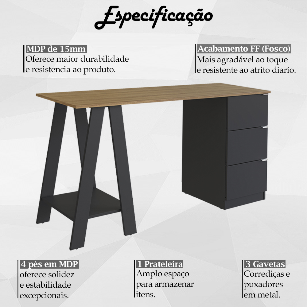 Escrivaninha Mesa Escritorio Cavalete 3 Gavetas B62 Mell Preto NOVAM