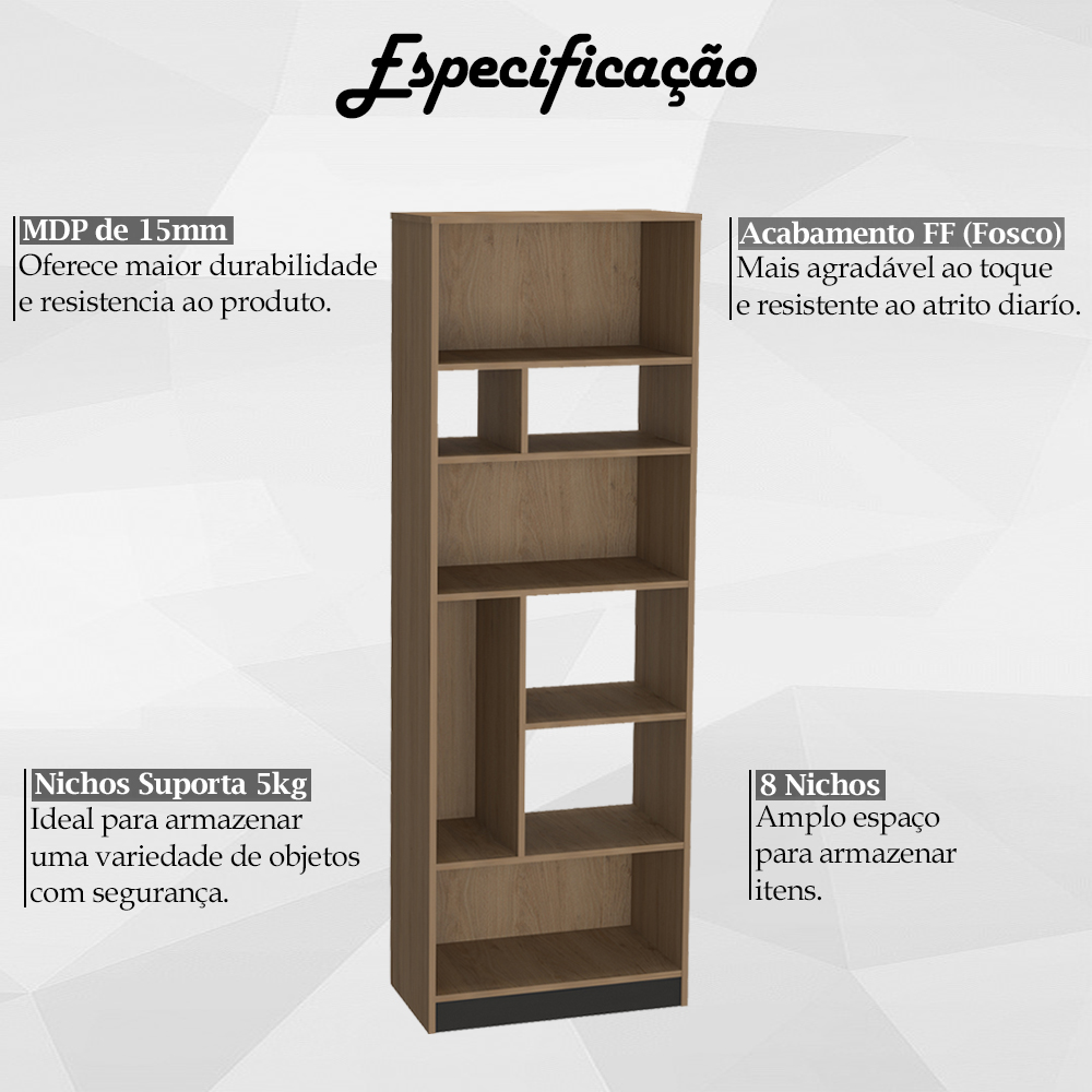 Estante Livreiro 8 Nichos B38 Mell Preto NOVAM