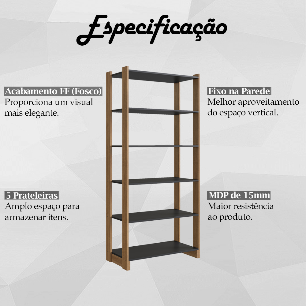 Estante Multiuso 5 Prateleiras EY201 Mell Preto NOVAM