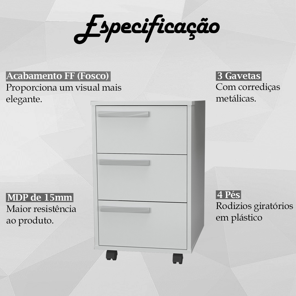 Gaveteiro Para Escritorio Gamer 3 Gavetas e 4 Rodizios  Branco B26 NOVAM