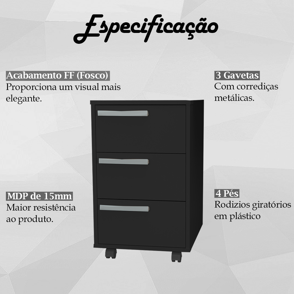 Gaveteiro Para Escritorio Gamer 3 Gavetas e 4 Rodizios Preto B26 NOVAM
