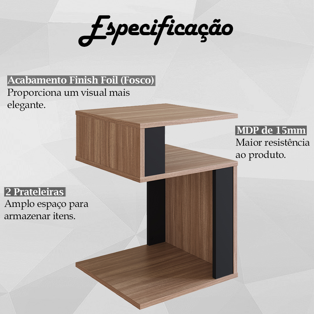 Mesa Lateral De Apoio 2 Prateleiras B74 Montana Preto NOVAM