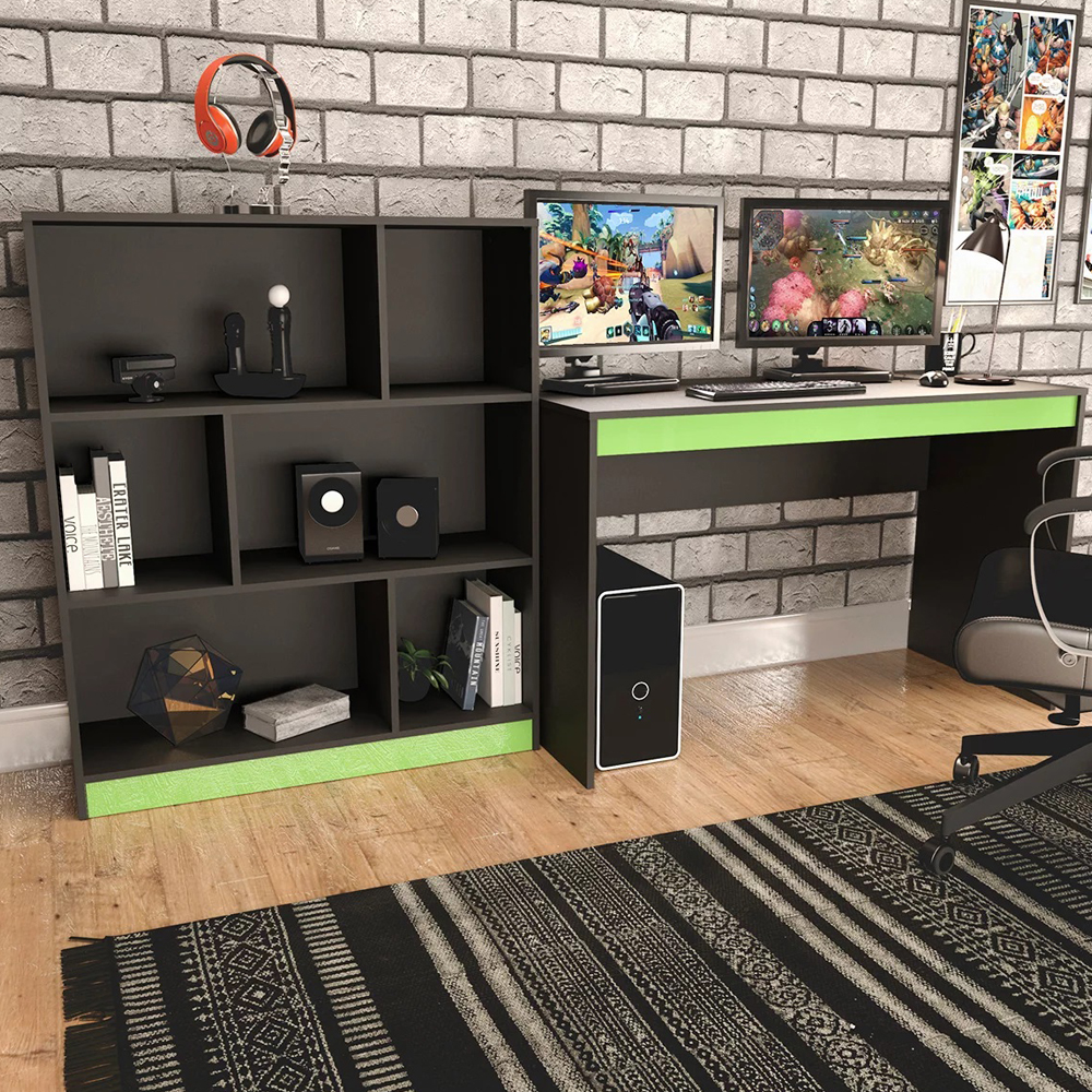 Mesa e Estante Para Escritorio Gamer B28 Preto Verde NOVAM