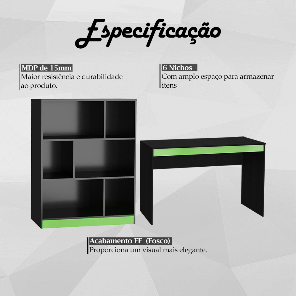 Mesa e Estante Para Escritorio Gamer B28 Preto Verde NOVAM