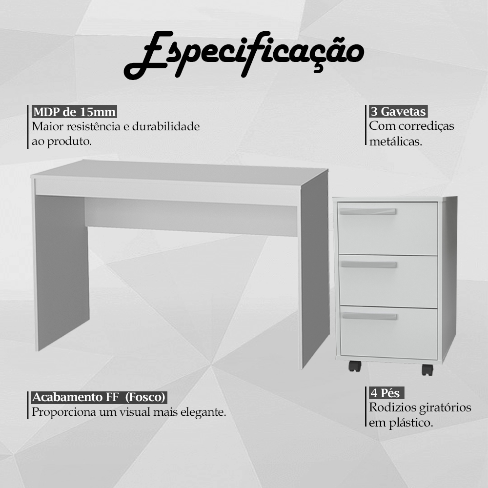 Mesa e Gaveteiro 3 Gavetas Para Escritorio Gamer B29 Branco NOVAM