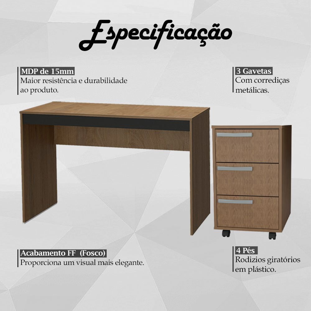 Mesa e Gaveteiro 3 Gavetas Para Escritorio Gamer B29 Mell Preto NOVAM