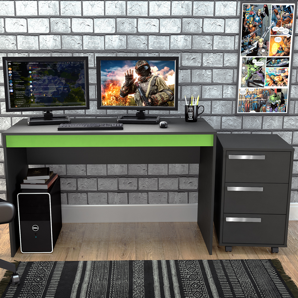 Mesa e Gaveteiro 3 Gavetas Para Escritorio Gamer B29 Preto Verde NOVAM