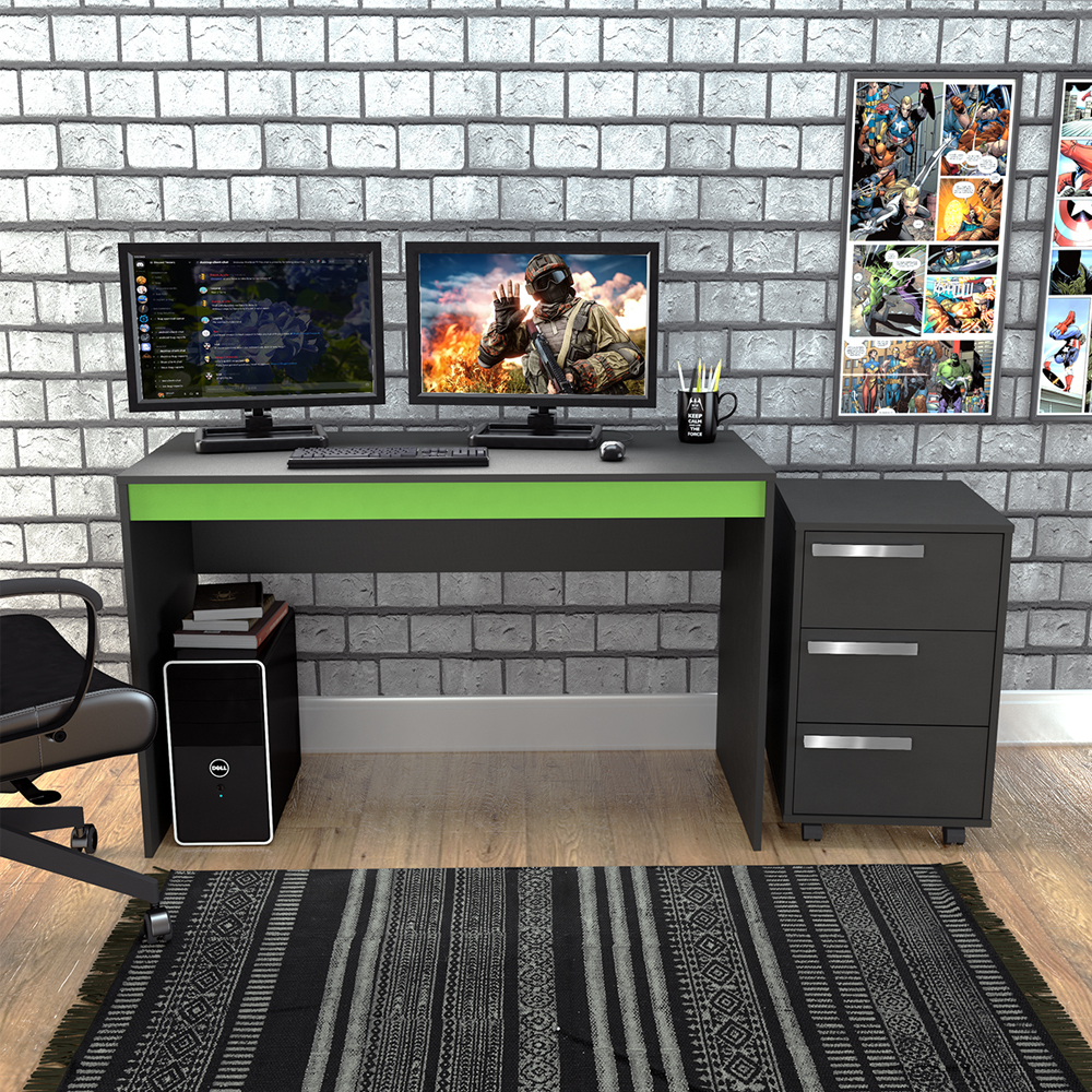 Mesa e Gaveteiro 3 Gavetas Para Escritorio Gamer B29 Preto Verde NOVAM