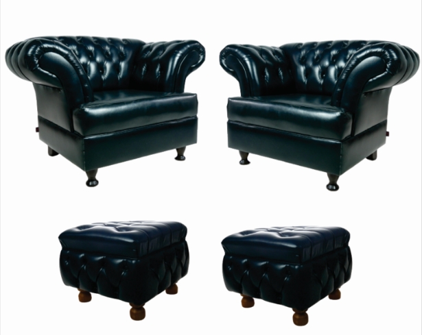 Conjunto 02 Poltronas Imperador Chesterfield com Puff Banquinho Quadrado - Corano Preto