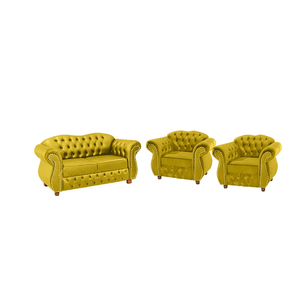 Conjunto 1 Namoradeira + 2 Poltronas Chesterfield Merlô Suede Amarelo / Decoração, barbearia, sala, recepção
